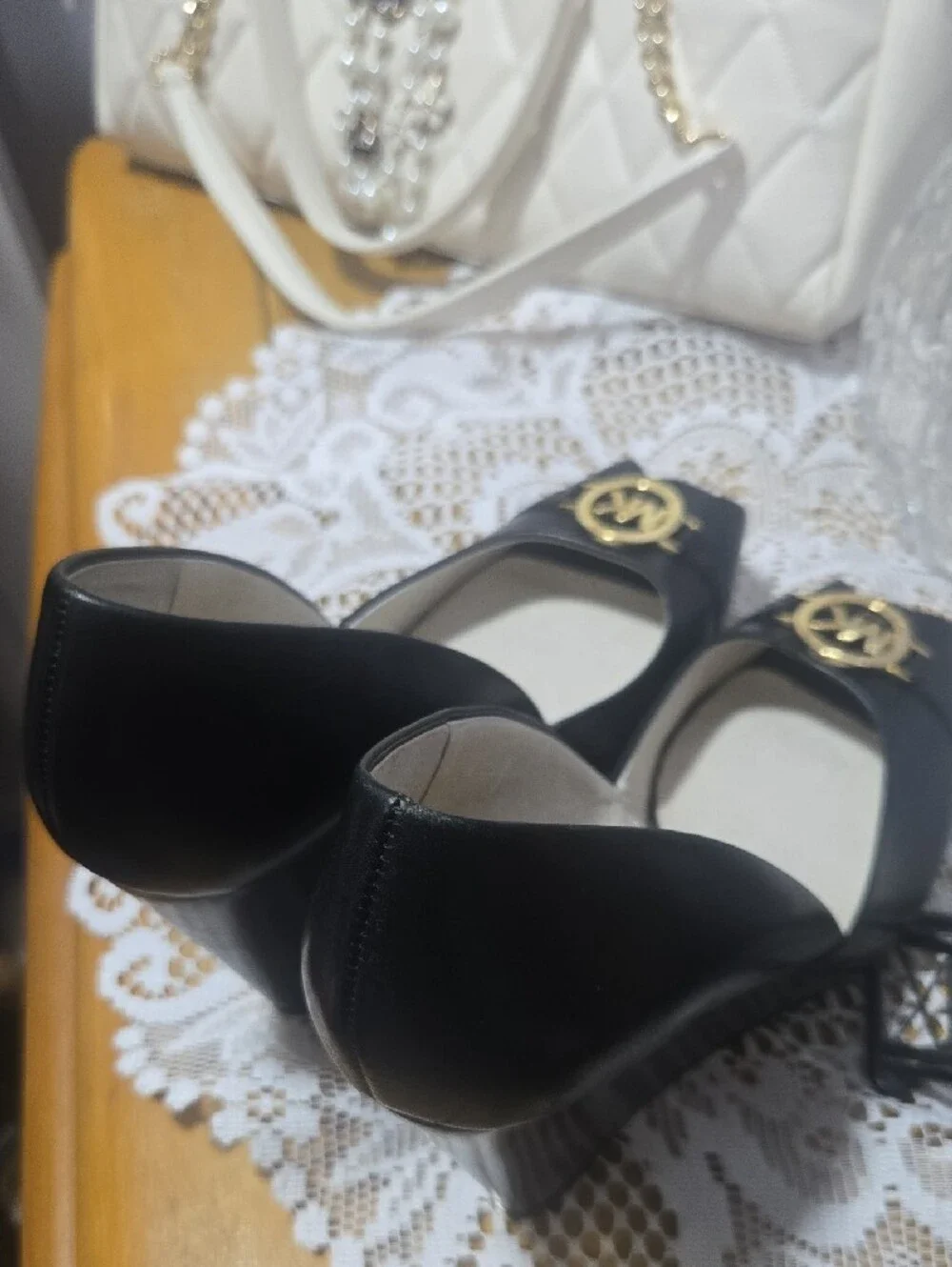 Michael Kors Black Peep-Toe Wedge with Gold MK Emblem